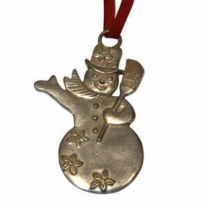 Vintage Seagull Pewter Snowman Ornament Broom Waving 1983 Canada Patina